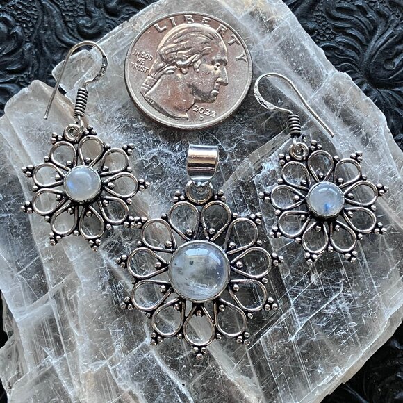 Rainbow Moonstone Crystal Gemstone Pendant and Earrings Set - Picture 3 of 8